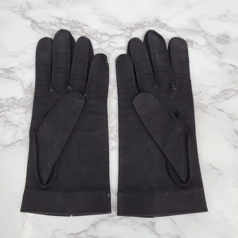 1950s Hand Made Hand Stitched Elegant Black Gloves with Subtle Dot Pattern